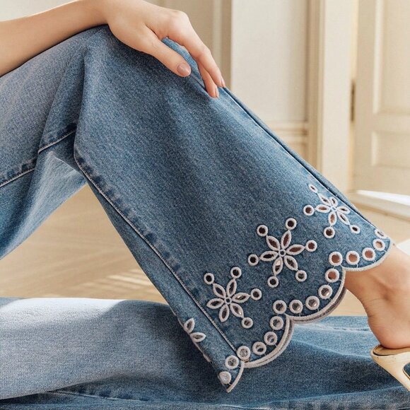 Medium Wash Casual Women's Valentine's Day Floral Embroidered Cowboy Pants - Picture 6 of 6